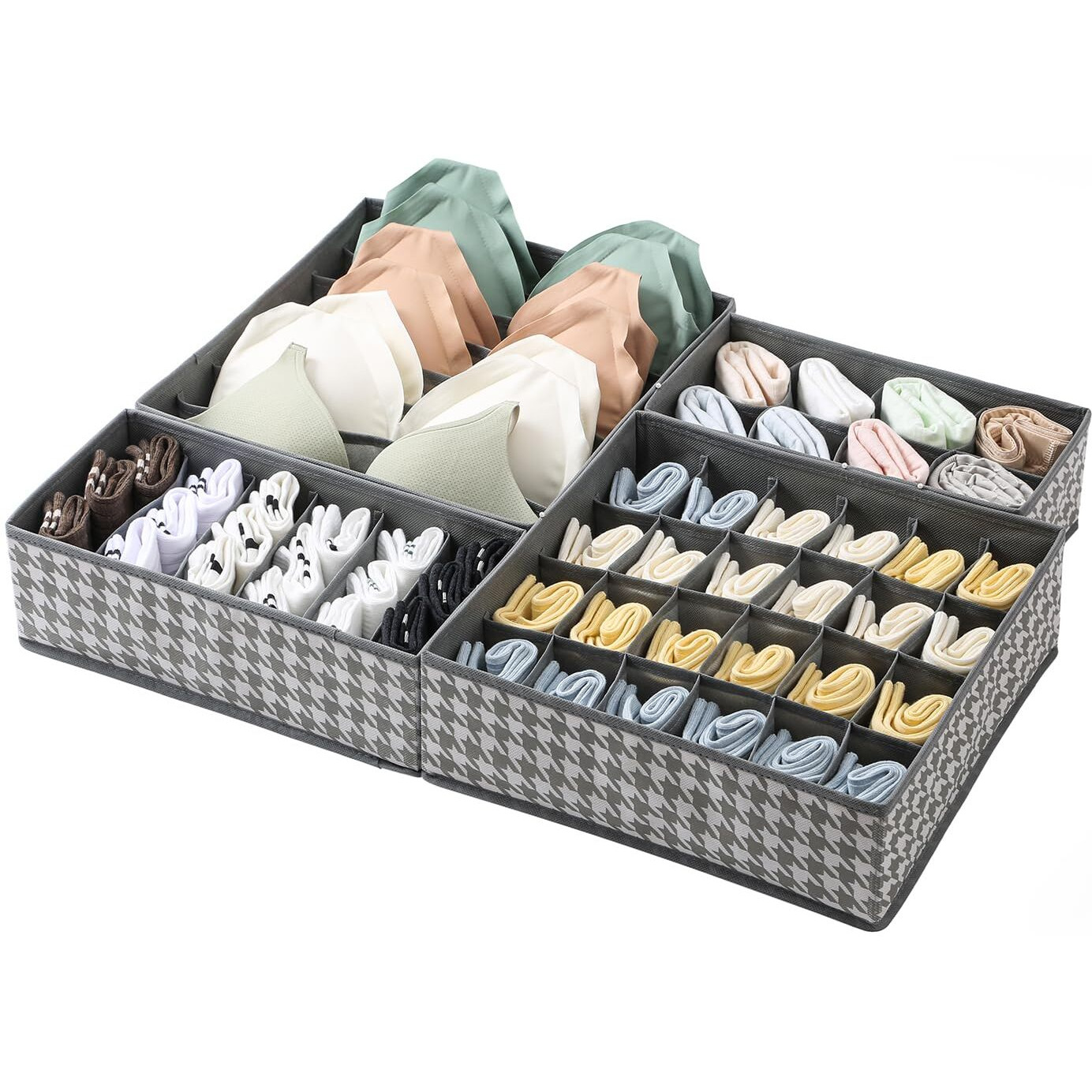 House Of Quirk Fabric Set Of 4 Foldable Jewelry Storage Box Drawer Divider Organizer Closet Storage For Socks Bra Tie Scarfs (Grey Houndstooth), Red