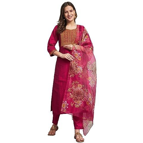 Vredevogel Women's Embroidered Cotton Silk Blend Kurta Pant With Dupatta Set(Pink_Xxx-Large)