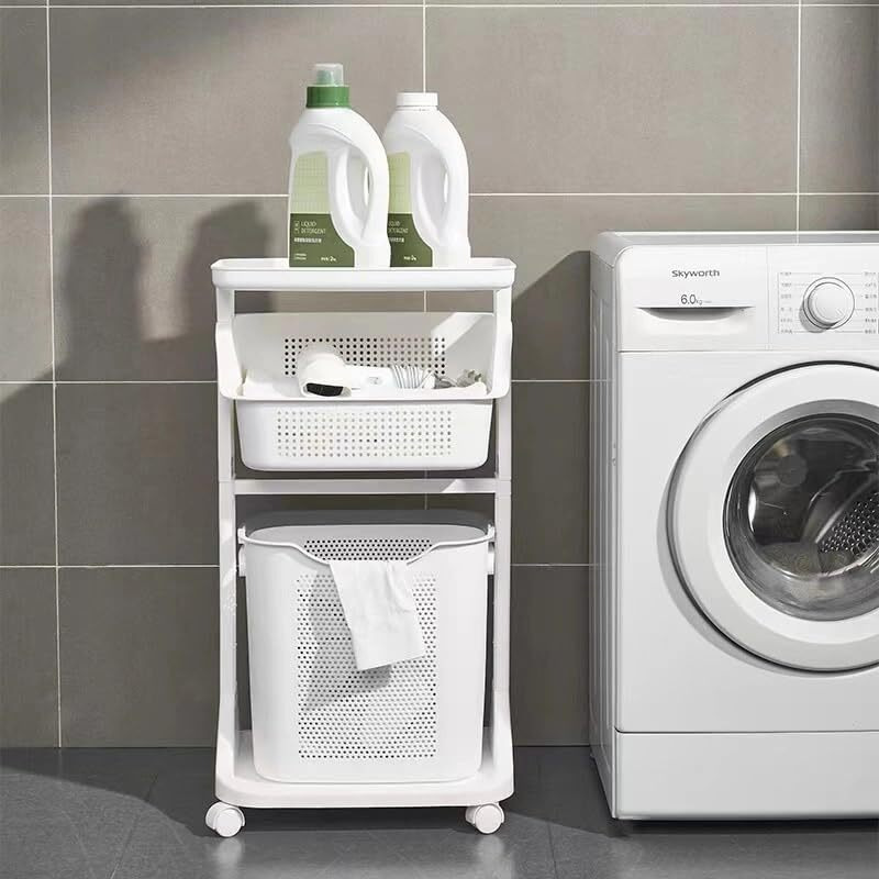Homestrap Laundry Magic Mover /2 Layer Laundry Basket With Wheels/Storage Basket/Household Kitchen Shelf (White) Plastic