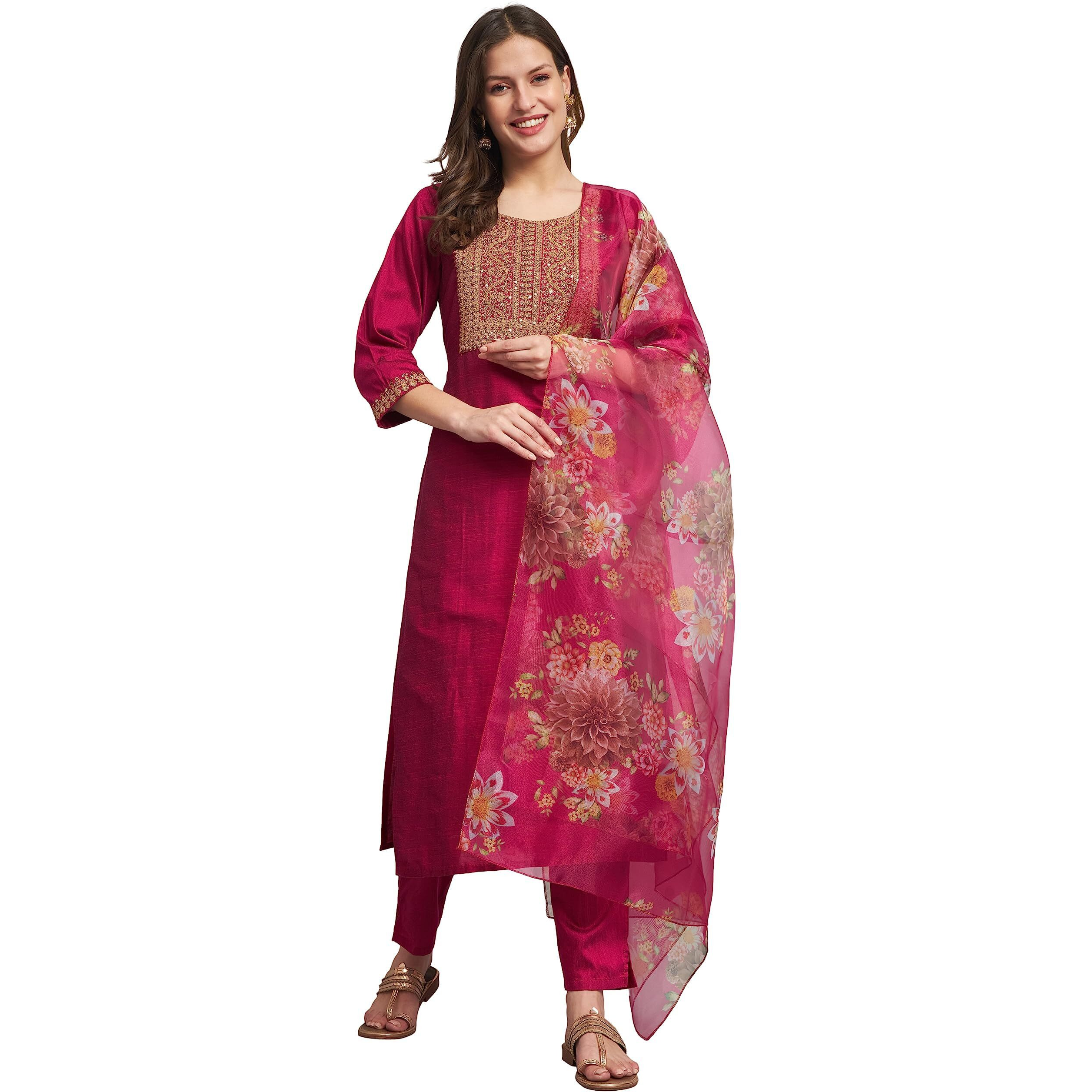 Vredevogel Women's Embroidered Cotton Silk Blend Kurta Pant With Dupatta Set (Pink_Large)