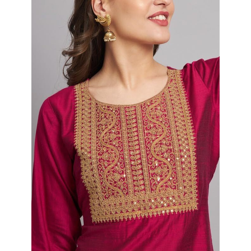 Vredevogel Women's Embroidered Cotton Silk Blend Kurta Pant With Dupatta Set (Pink_Large)