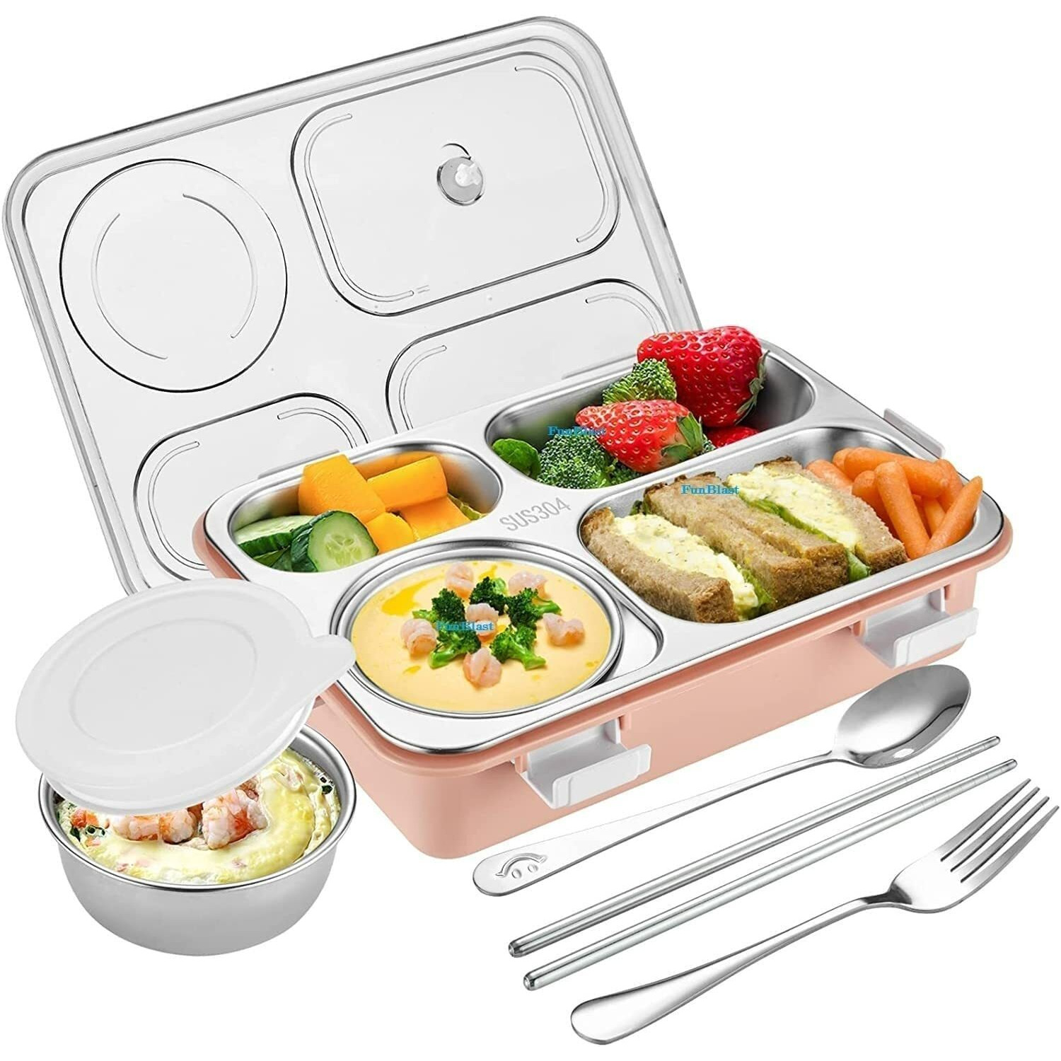Brand Conquer Lunch Boxes For Adults - Lunch Box For Kids With Spoon & Fork - Durable Perfect Size For On-The-Go Meal, Bpa-Free And Food 4 Compartment Stainless Steel (4 Compartment, Pink), 900Ml