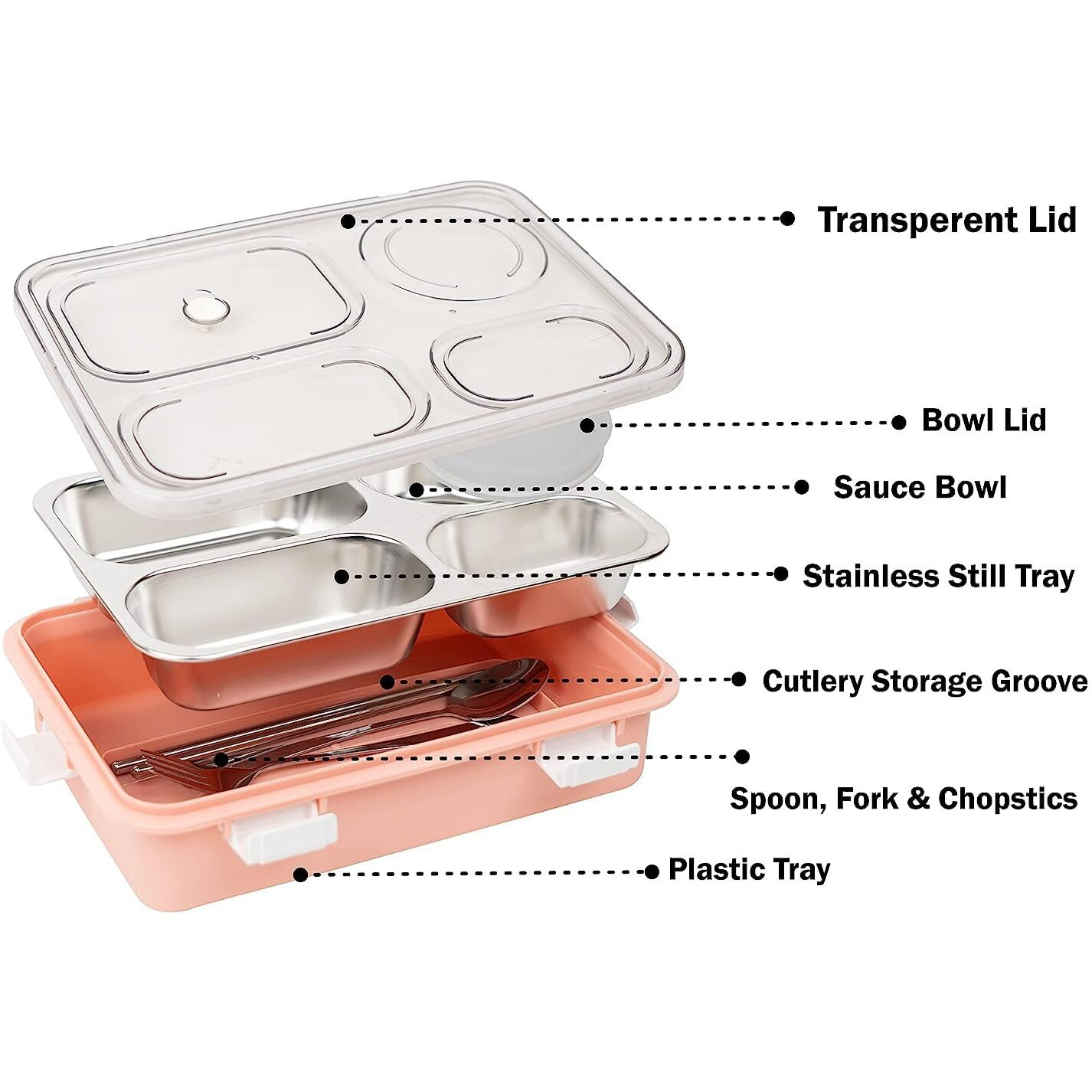Brand Conquer Lunch Boxes For Adults - Lunch Box For Kids With Spoon & Fork - Durable Perfect Size For On-The-Go Meal, Bpa-Free And Food 4 Compartment Stainless Steel (4 Compartment, Pink), 900Ml