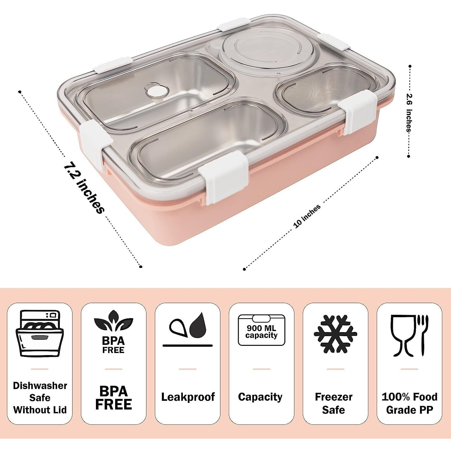 Brand Conquer Lunch Boxes For Adults - Lunch Box For Kids With Spoon & Fork - Durable Perfect Size For On-The-Go Meal, Bpa-Free And Food 4 Compartment Stainless Steel (4 Compartment, Pink), 900Ml