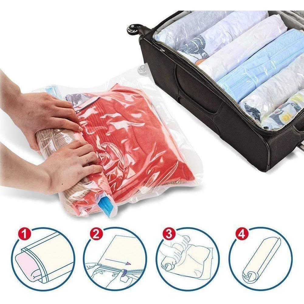 Smart Saver Polyethylene 12 Compression Bags For Travel No Pump Or Vacuum Needed Packing Bags For Roll Up Reusable Space Bag, Saves Upto 80% Of Storage Vacuum Bags For Packing Clothes, Transparent
