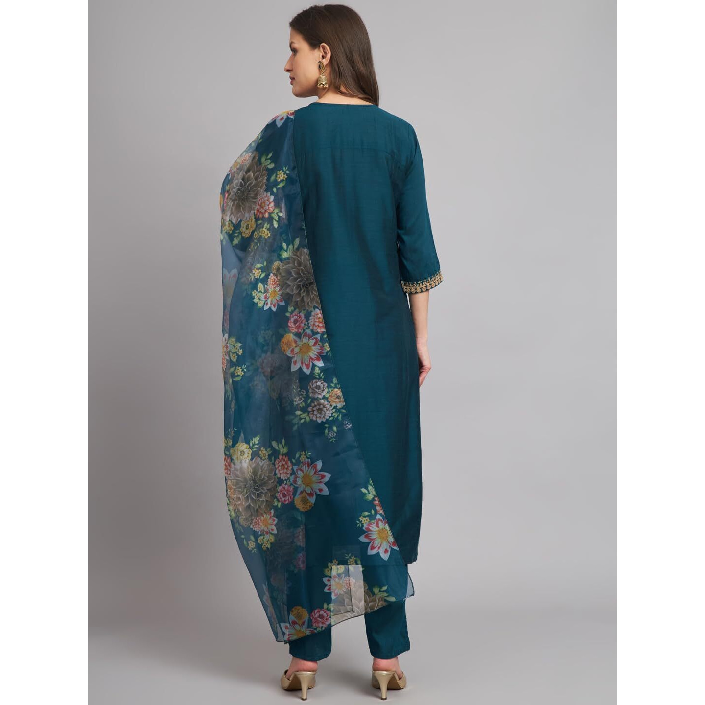 Vredevogel Women's Embroidered Cotton Silk Blend Kurta Pant With Dupatta Set (Teal_Large)