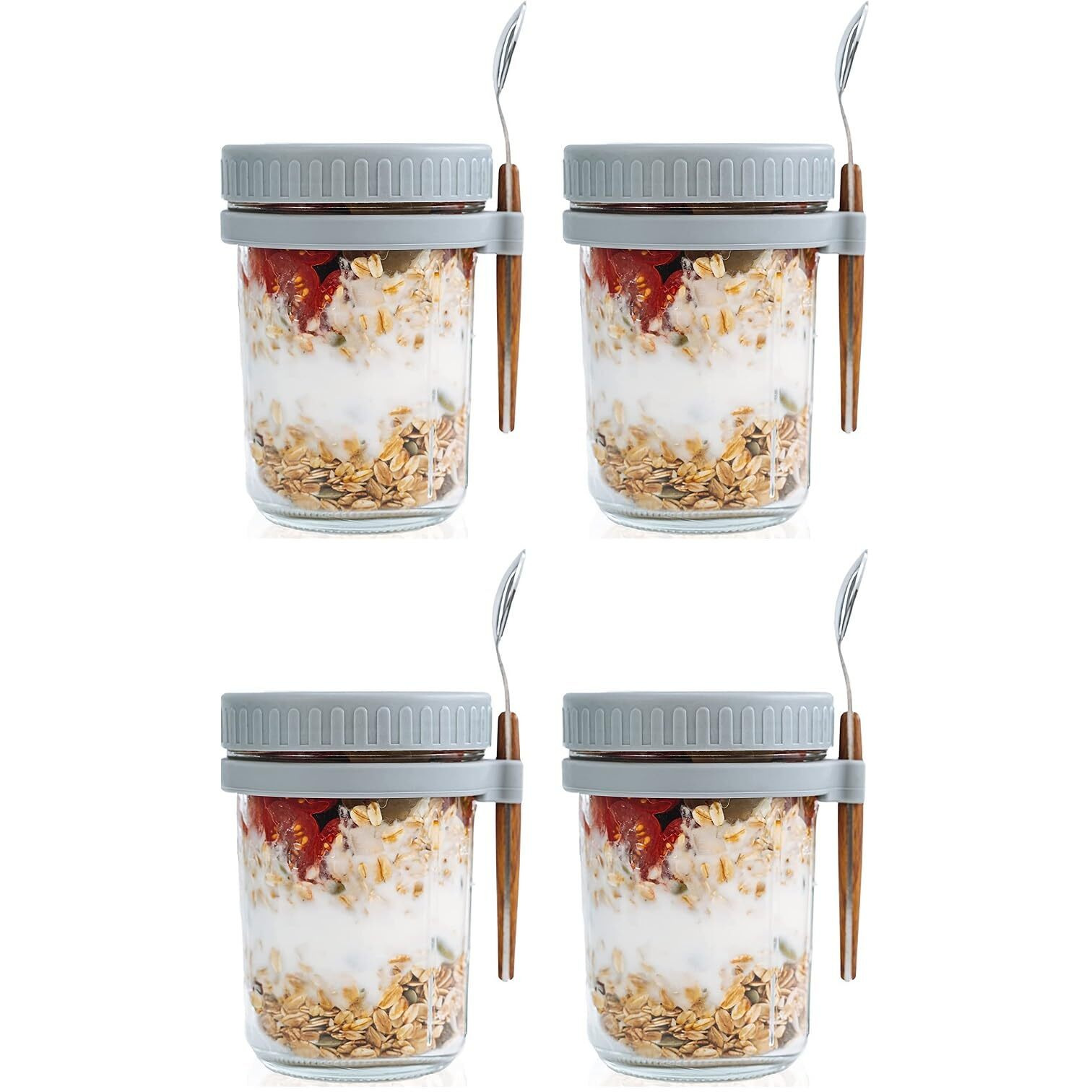 Ash & Roh Overnight Oats Containers With Lids And Spoons 350 Ml Glass Mason Jars For Overnight Oats Leak Proof Oatmeal Container Great For Cereal Fruit Vegetable Milk Salad Yogurt (Grey 4)