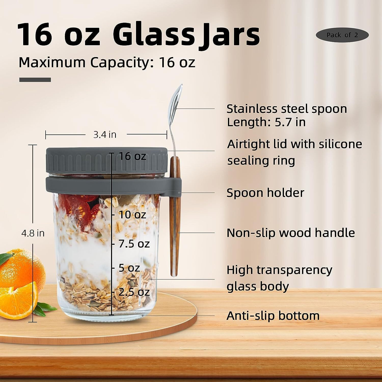 Ash & Roh Overnight Oats Containers With Lids And Spoons 350 Ml Glass Mason Jars For Overnight Oats Leak Proof Oatmeal Container Great For Cereal Fruit Vegetable Milk Salad Yogurt (Grey 4)