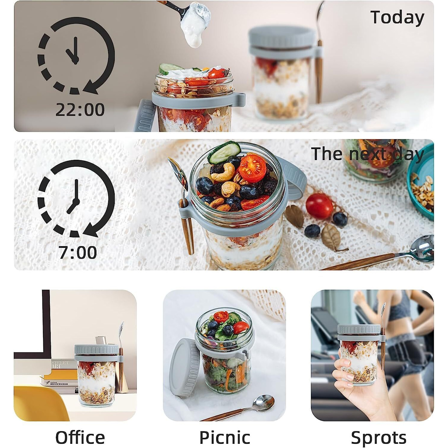 Ash & Roh Overnight Oats Containers With Lids And Spoons 350 Ml Glass Mason Jars For Overnight Oats Leak Proof Oatmeal Container Great For Cereal Fruit Vegetable Milk Salad Yogurt (Grey 4)