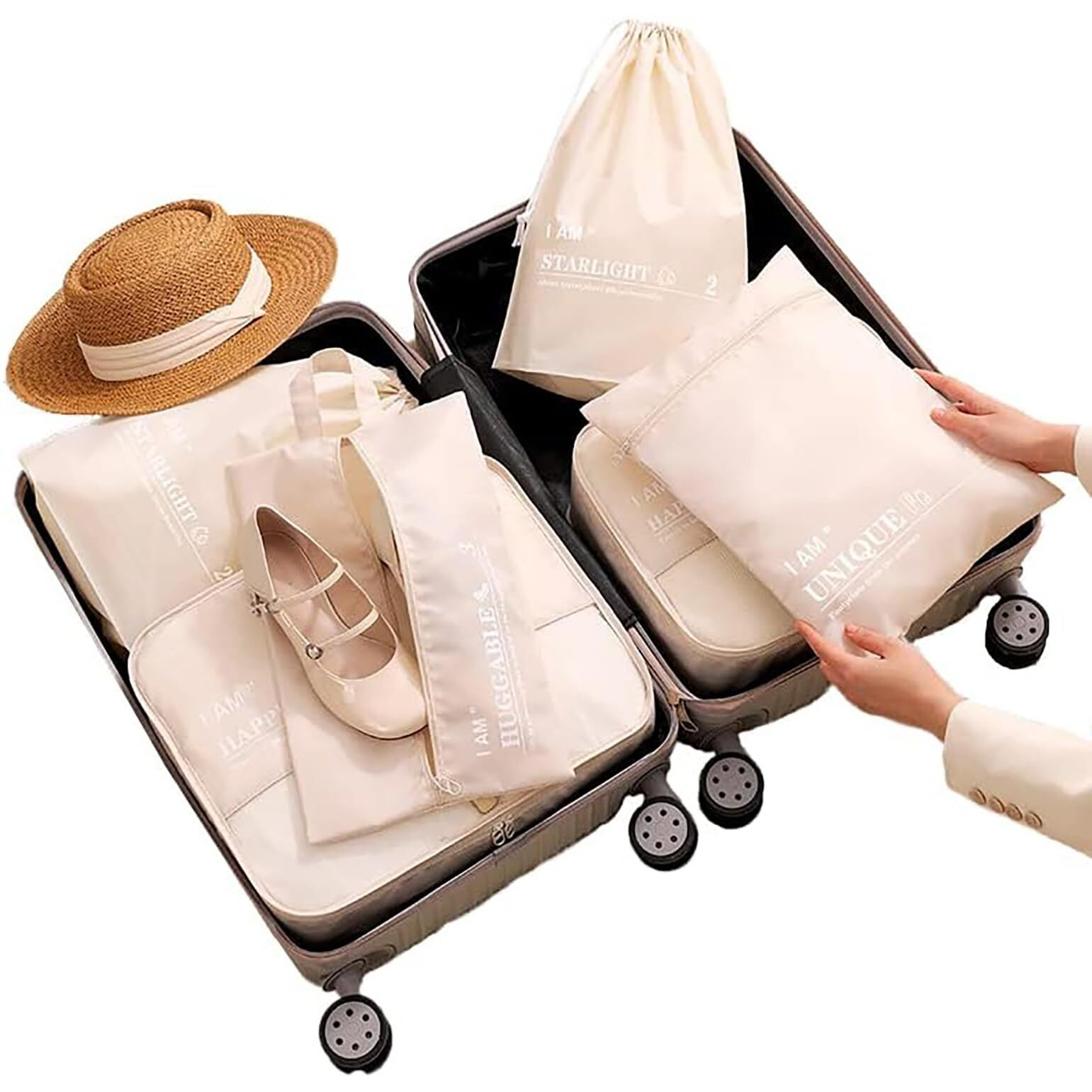 House Of Quirk Polyester 6Pcs Set Travel Organizer Packing Cubes Lightweight Travel Luggage Organizers With Laundry Bag Or Toiletry Bag (Beige),W-32 Cm, H-12 Centimeters
