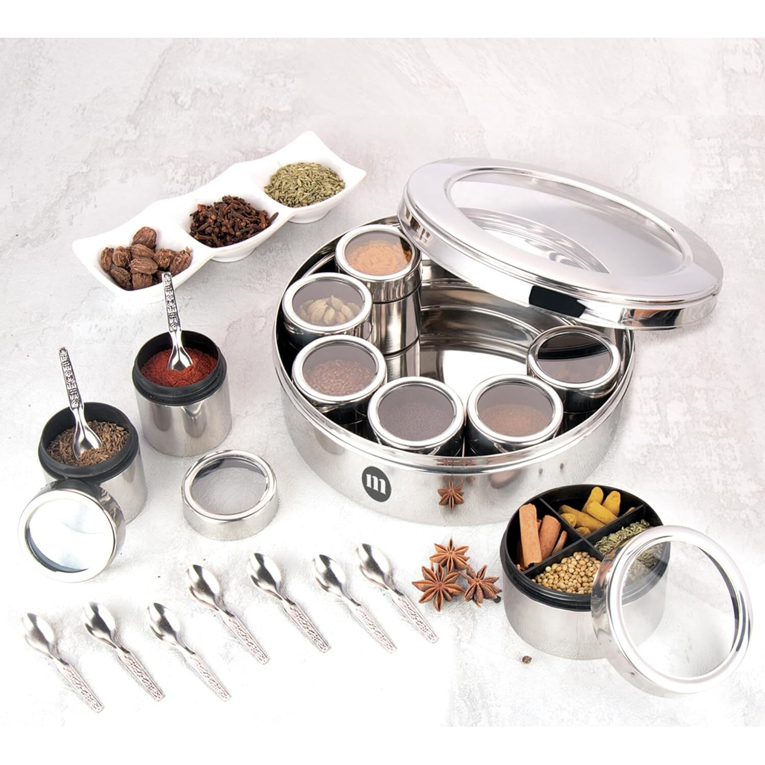 Maru Extra Large 12 In 1 Spice Box For Kitchen With Threaded Lids | Masala Box For Kitchen Steel | Masala Container For Kitchen See Through Lid (Size 14 Extra Large 24.5Cms) Silver