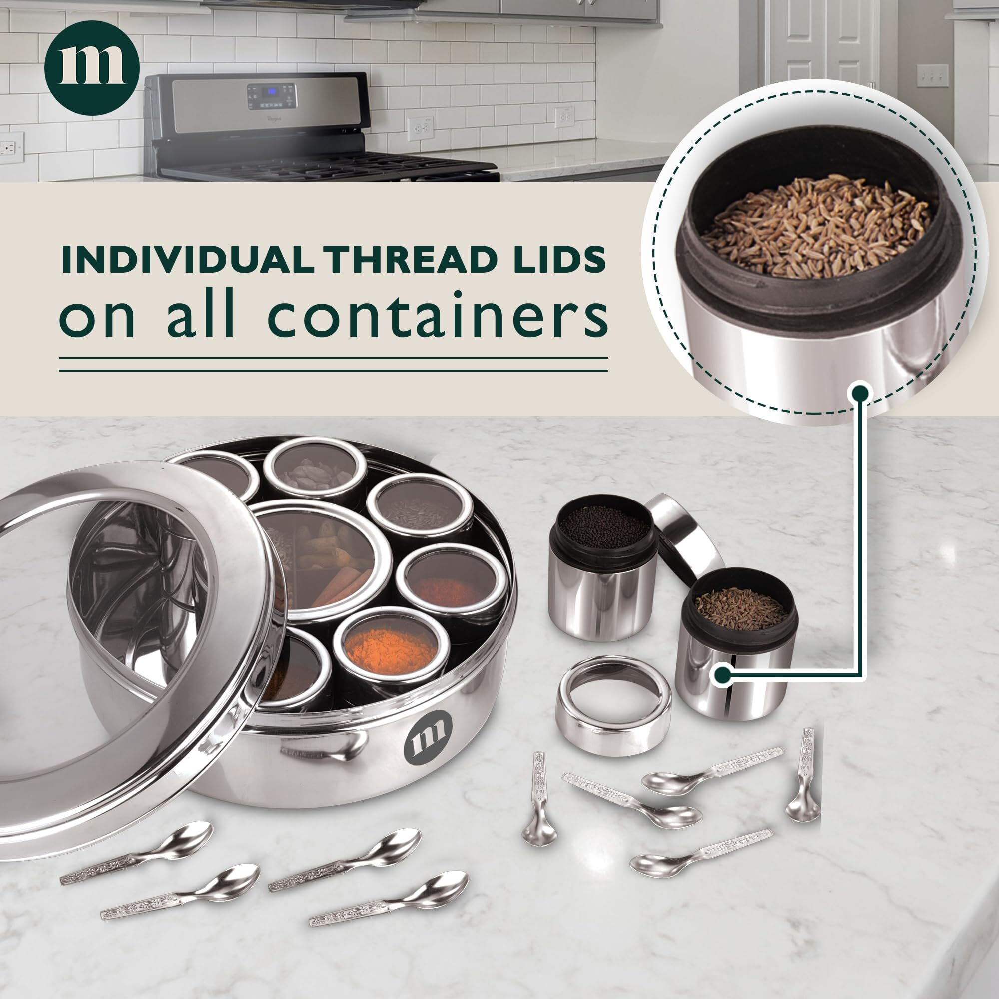 Maru Extra Large 12 In 1 Spice Box For Kitchen With Threaded Lids | Masala Box For Kitchen Steel | Masala Container For Kitchen See Through Lid (Size 14 Extra Large 24.5Cms) Silver