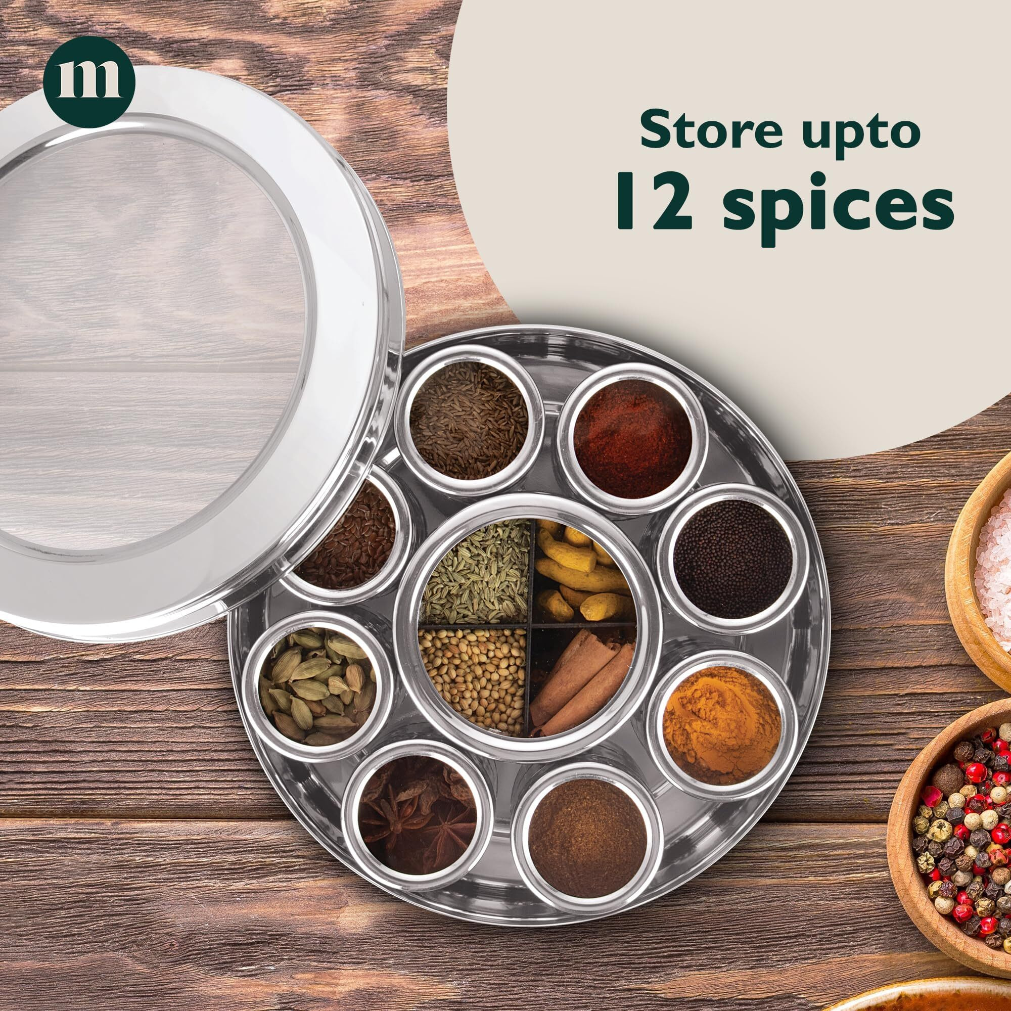 Maru Extra Large 12 In 1 Spice Box For Kitchen With Threaded Lids | Masala Box For Kitchen Steel | Masala Container For Kitchen See Through Lid (Size 14 Extra Large 24.5Cms) Silver