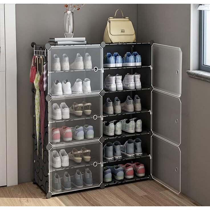Aysis Shoe Rack Organizer, 36 Pair Shoe Storage Cabinet With Door Expandable Plastic Shoe Shelves For Closet,Heels,Boots,Slippers (12-Shelf, Black)