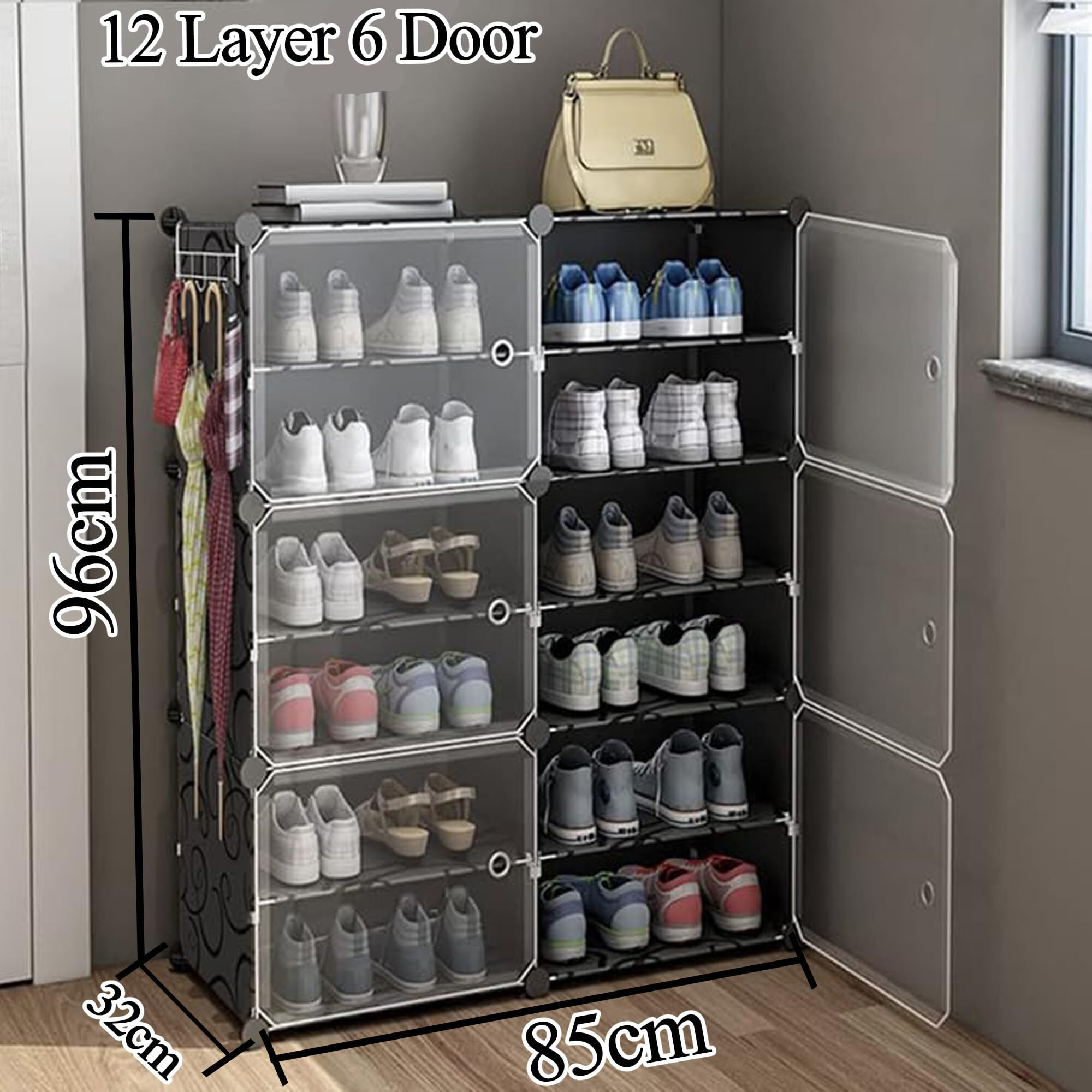 Aysis Shoe Rack Organizer, 36 Pair Shoe Storage Cabinet With Door Expandable Plastic Shoe Shelves For Closet,Heels,Boots,Slippers (12-Shelf, Black)