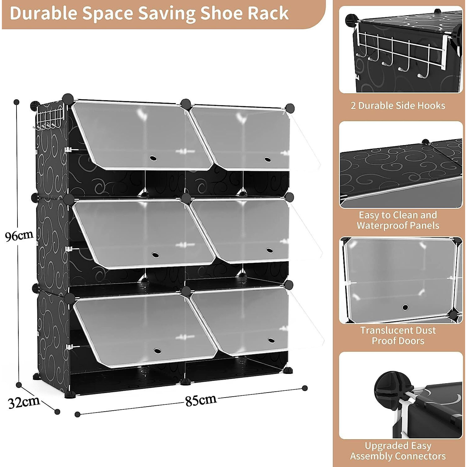 Aysis Shoe Rack Organizer, 36 Pair Shoe Storage Cabinet With Door Expandable Plastic Shoe Shelves For Closet,Heels,Boots,Slippers (12-Shelf, Black)