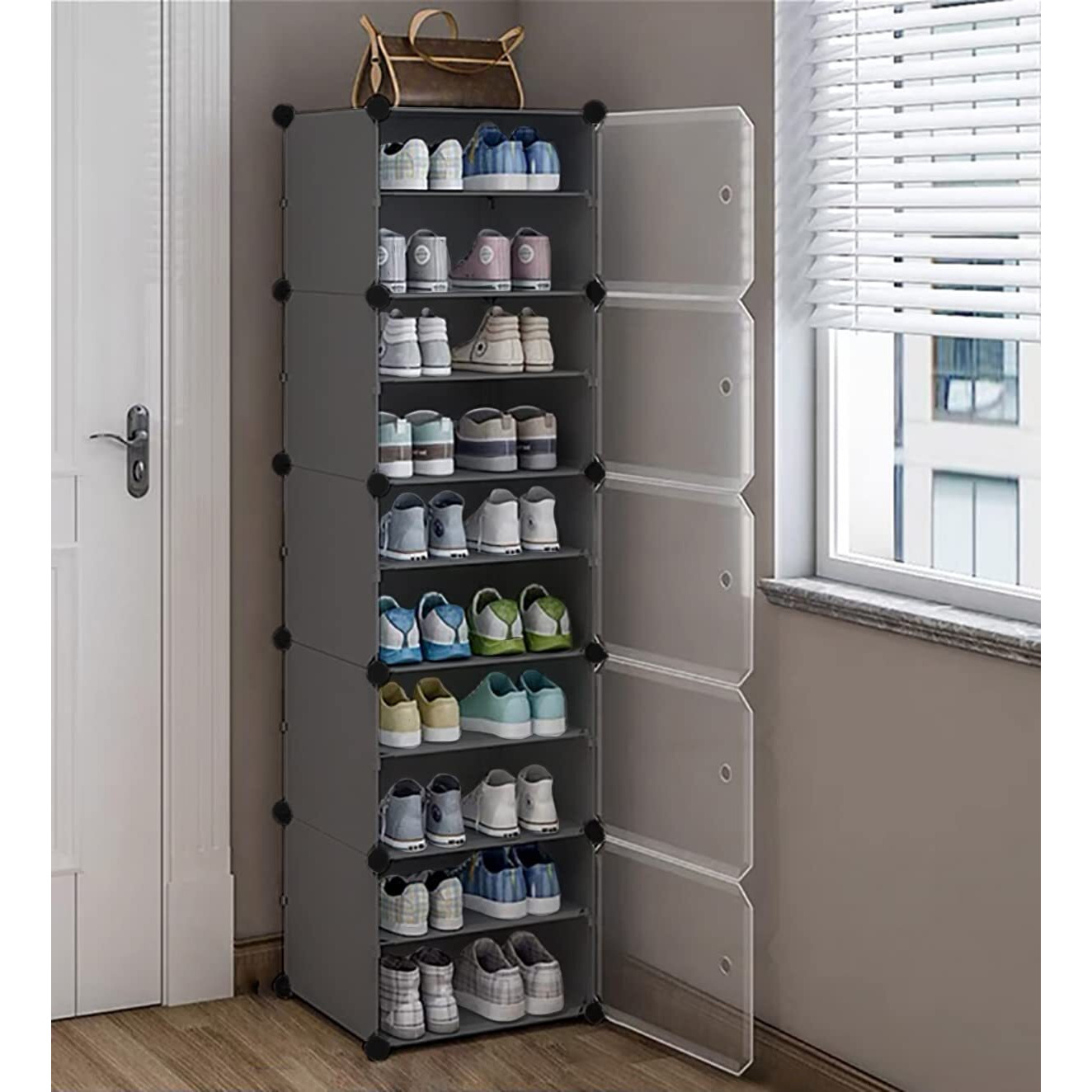 Aysis Shoe Rack Organizer, 36 Pair Shoe Storage Cabinet With Door Expandable Plastic Shoe Shelves For Closet,Heels,Boots,Slippers (10-Shelf, Grey)