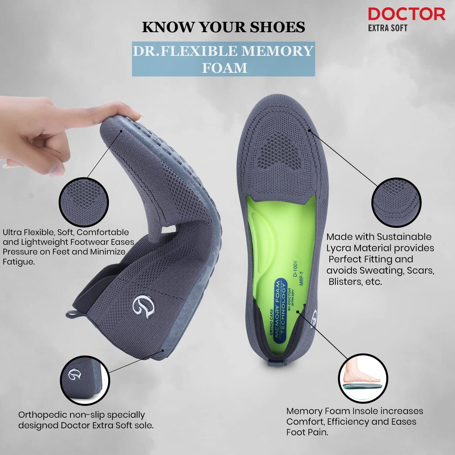 Doctor Extra Soft Flexible Memory Foam Women's Shoes For Walking Gym Training,Casual, Sports,Slip-On,Lightweight Lace Up Athletics Slipon Running Sneaker For Ladies And Girls D-1003-Grey-2 Uk