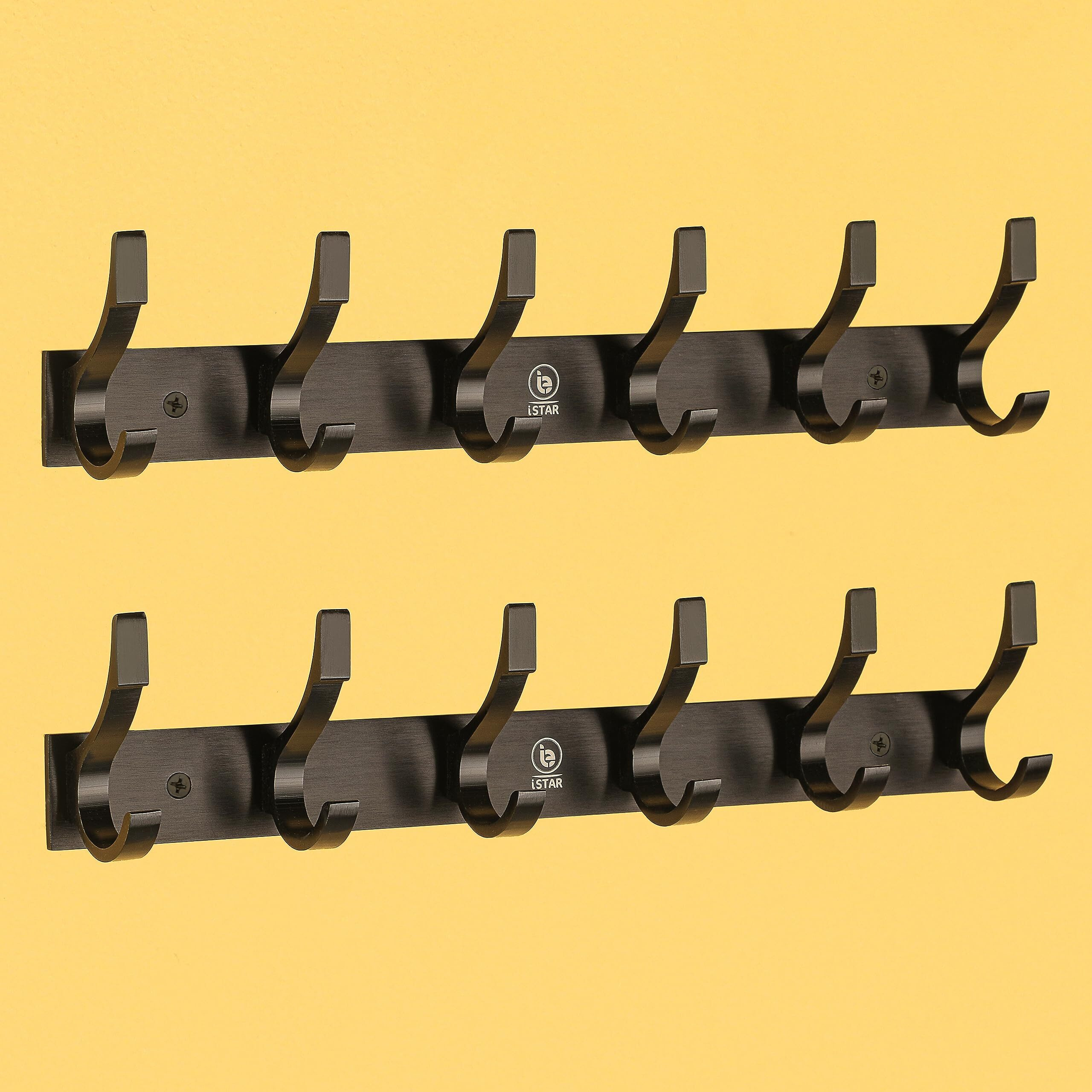 Istar 6 Pin Bathroom Cloth Hooks Hanger Door Wall Bedroom Bathroom Robe Hooks Rail For Hanging Keys,Clothes,Aluminium (Black Pack Of 2)