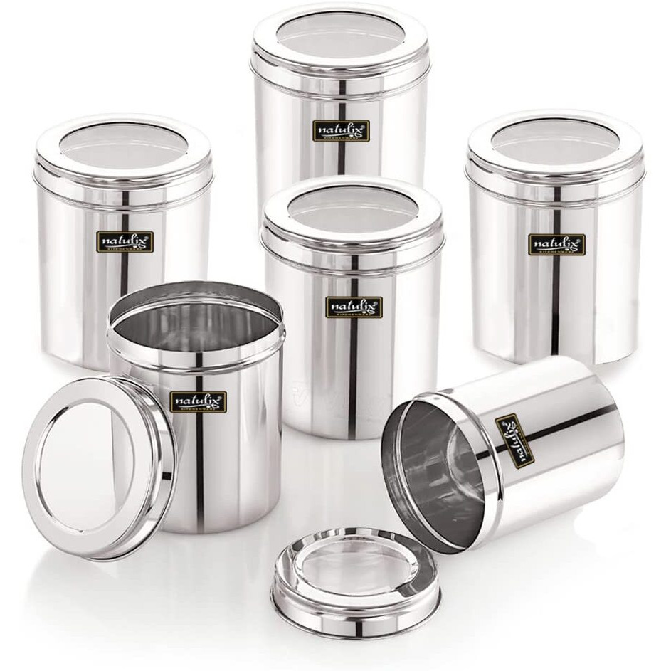 Natulix 1 Kg Stainless Steel Containers For Kitchen With See Through Lid | Kitchen Containers Set | Silver (1250Ml - 6Pcs) Food Grains Capacity - 1Kg Approx