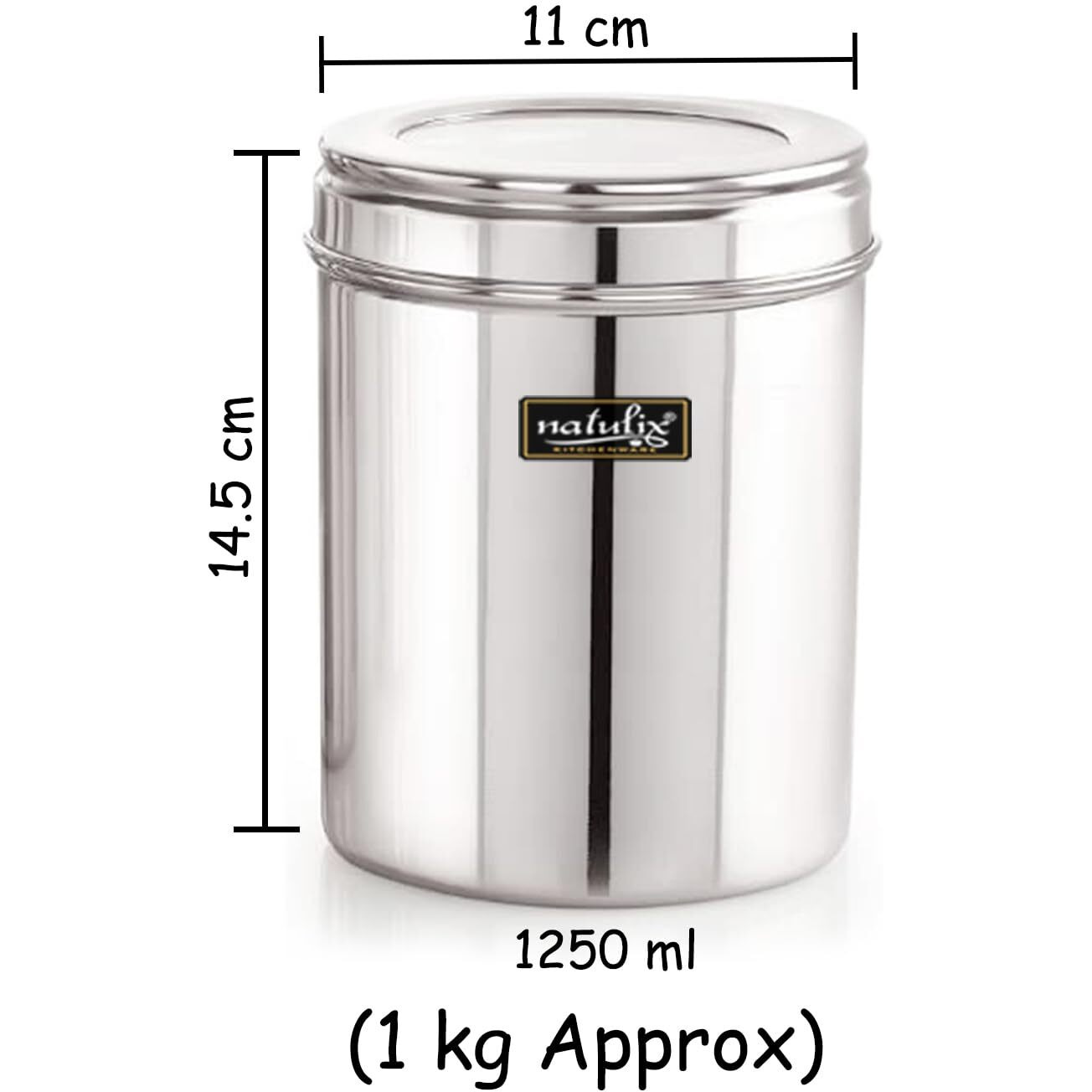 Natulix 1 Kg Stainless Steel Containers For Kitchen With See Through Lid | Kitchen Containers Set | Silver (1250Ml - 6Pcs) Food Grains Capacity - 1Kg Approx