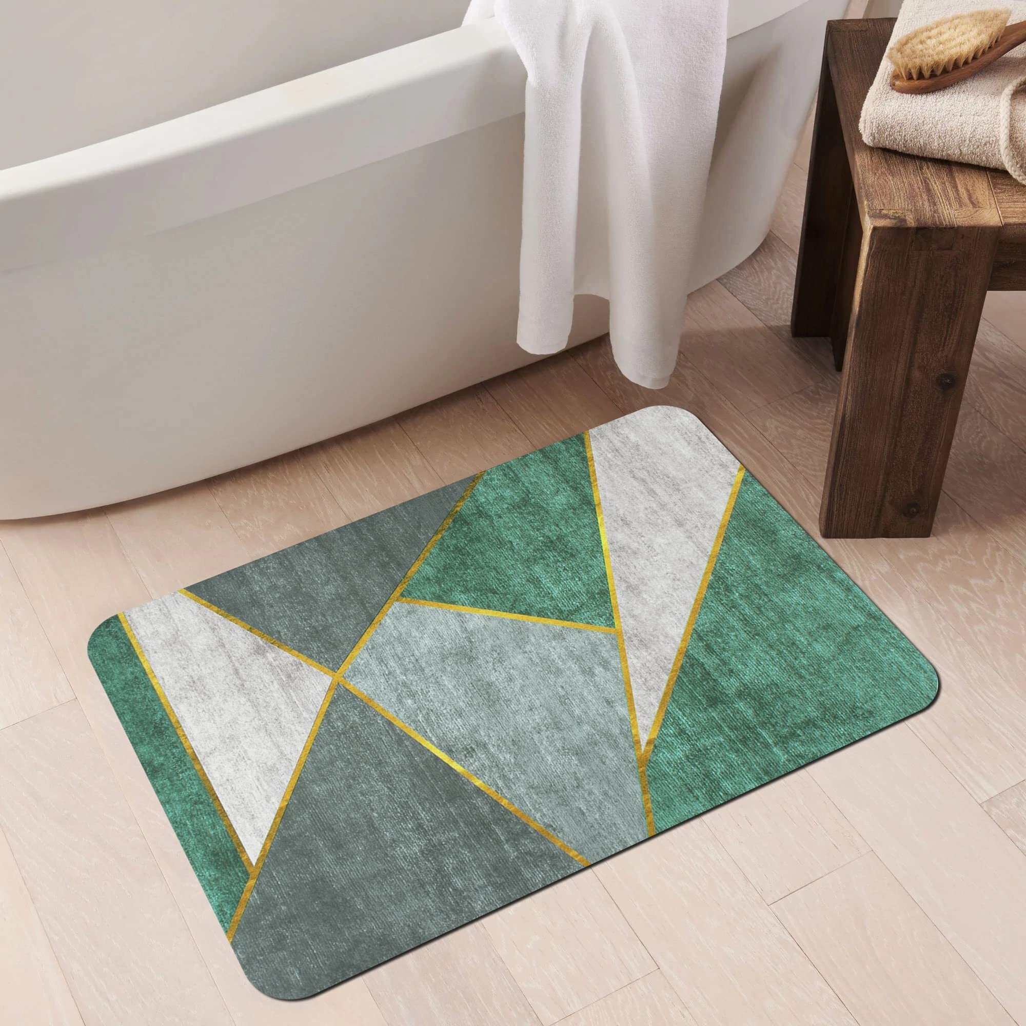Story@Home Bathroom Mat Set Of 1, Anti-Skid Nappa Leather Bathroom Mats Water Soak, 60X40 Cm, Green Geometric Design, Kitchen Accessories Items For Home & Bathroom, Perfect Home Decor Items For Hall