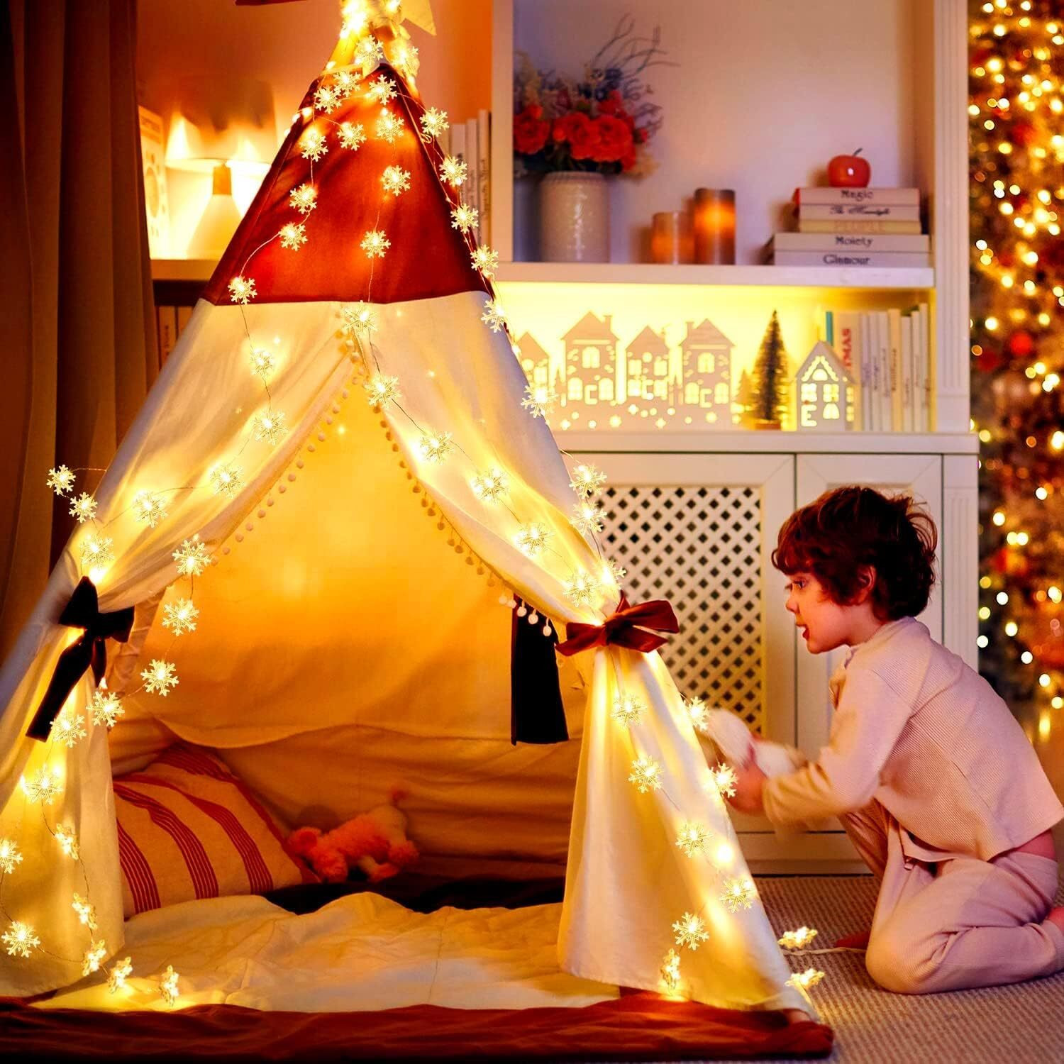 Desidiya Christmas Decoration Lights, Snowflake String Lights Battery Operated Indoor Christmas Decorations, Waterproof Outdoor Light For Xmas Garden Patio Bedroom Party Decor - Warm White