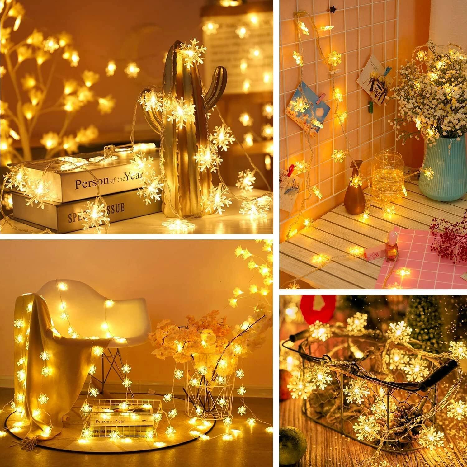 Desidiya Christmas Decoration Lights, Snowflake String Lights Battery Operated Indoor Christmas Decorations, Waterproof Outdoor Light For Xmas Garden Patio Bedroom Party Decor - Warm White