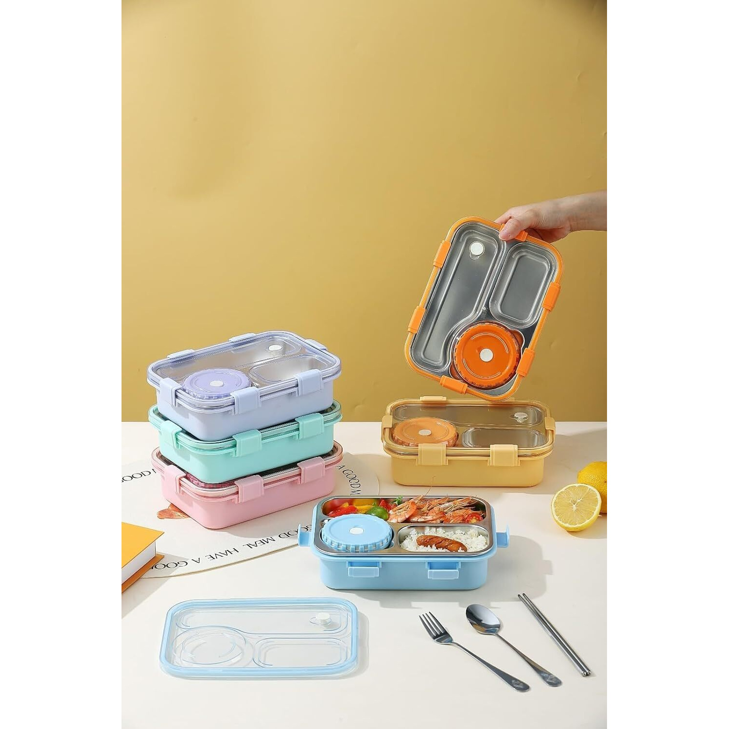 Tec Tavakkal Lunch Box 3 Compartment Leak-Proof Bpa Free Stainless Steel, Lunch Box For Kids, Lunch Box For School & Office With A Fork, A Spoon And A Pair Of Chopsticks (Blue), 750 Ml
