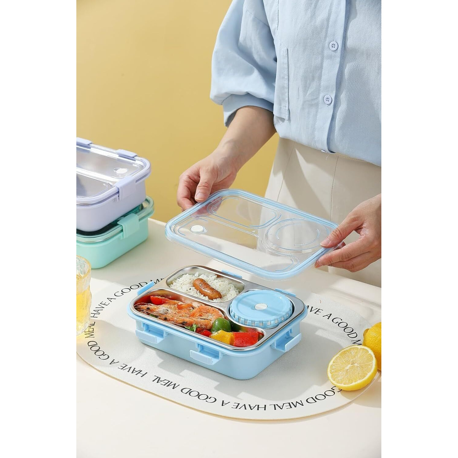 Tec Tavakkal Lunch Box 3 Compartment Leak-Proof Bpa Free Stainless Steel, Lunch Box For Kids, Lunch Box For School & Office With A Fork, A Spoon And A Pair Of Chopsticks (Blue), 750 Ml