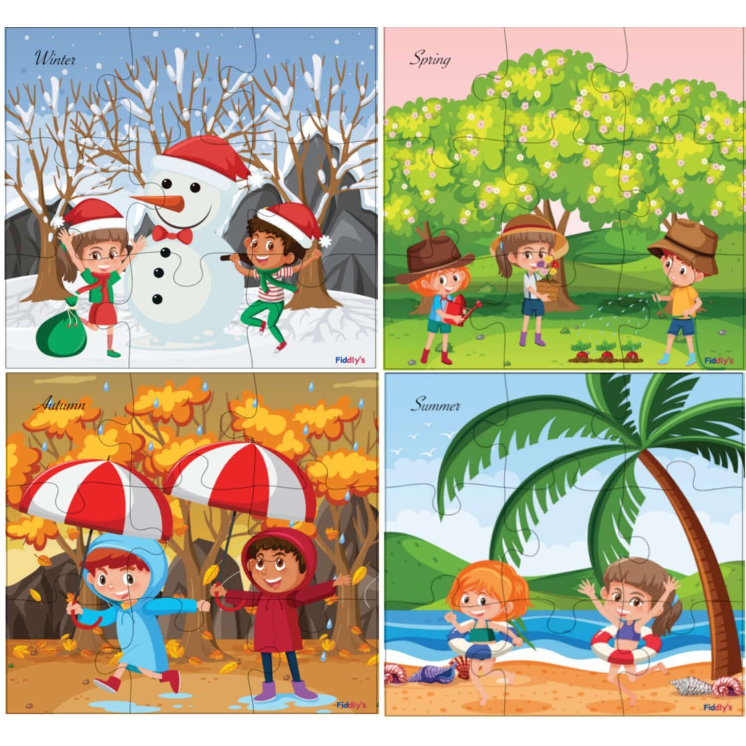 Fiddlys Wood Jigsaw Puzzles For Kids & Children -9 Pieces Age 3+ (Seasons Pack Of 4)
