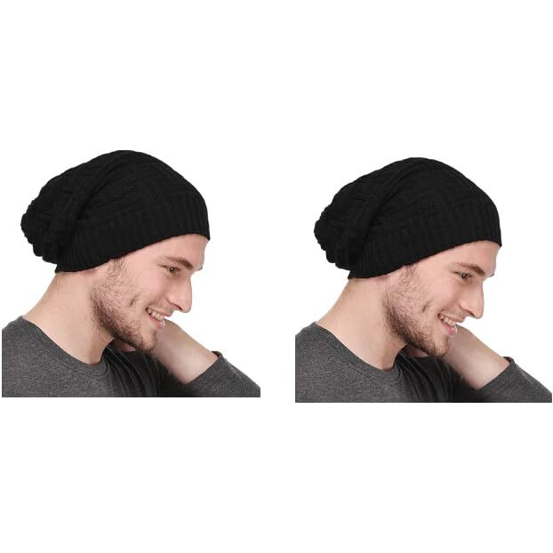 Umani Beanie Cap For Men Women Skull Slouchy Winter Woolen Knitted Inside Fur Men's Caps(Assorted Pattern) (2 Pc Black Long Baenie)