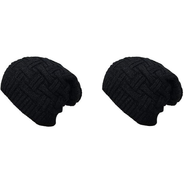 Umani Beanie Cap For Men Women Skull Slouchy Winter Woolen Knitted Inside Fur Men's Caps(Assorted Pattern) (2 Pc Black Long Baenie)
