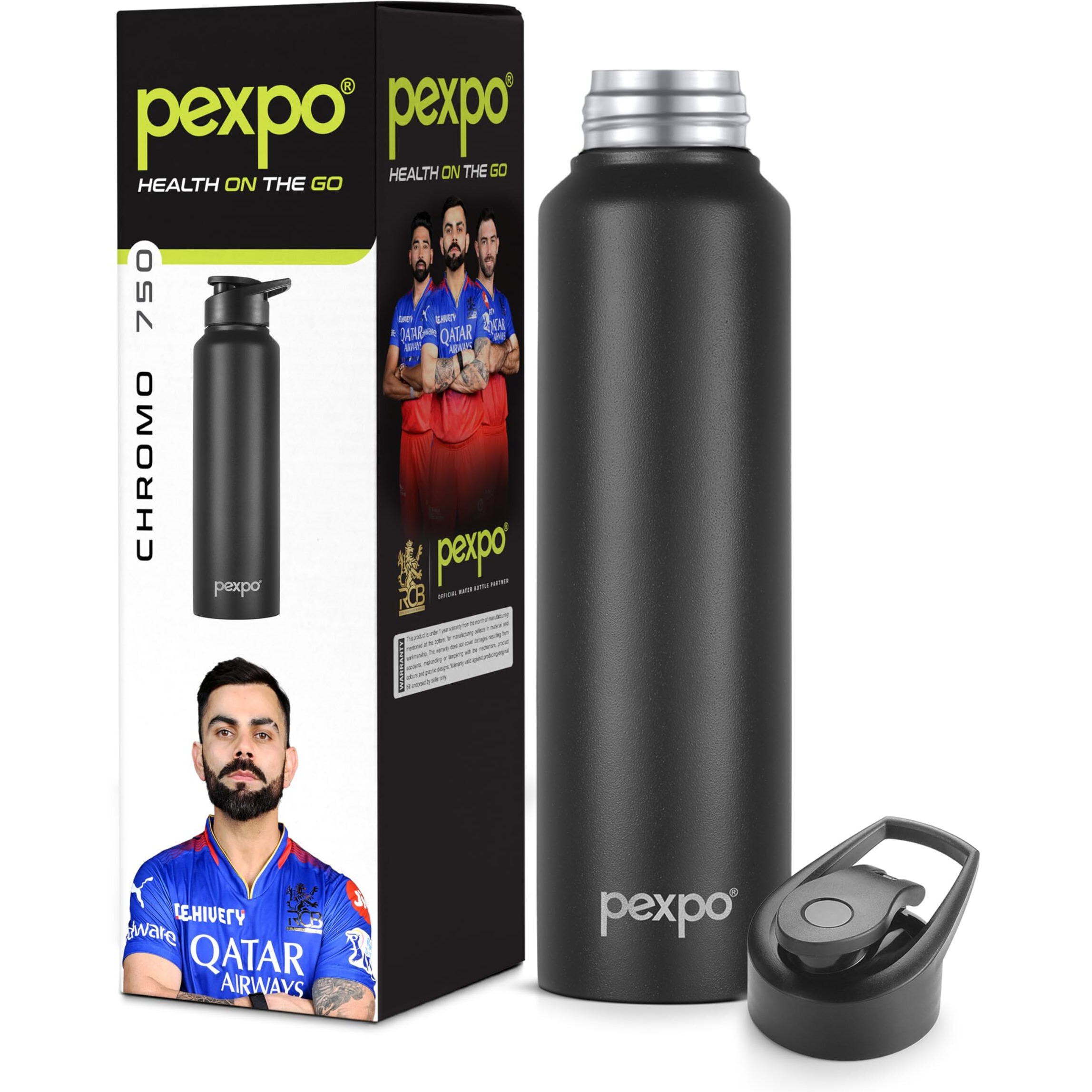 Pexpo Chromo Pro Stainless Steel Sports/Fridge Sipper Water Bottle 750Ml, Knight Black | Eco Friendly | Water Bottle For Office, Gym, School, Yoga, Trekking, Men, Women And Kids | Rcb Edition