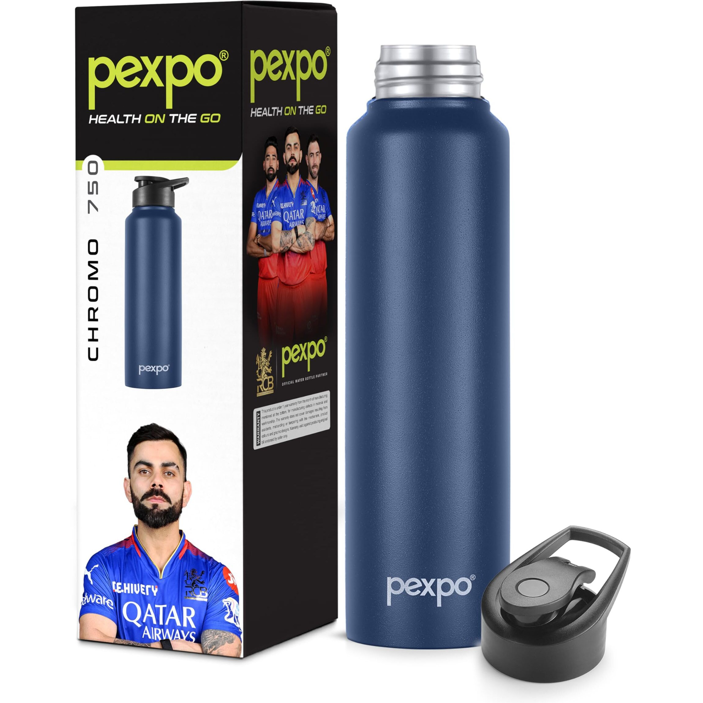 Pexpo Chromo Pro Stainless Steel Sports/Fridge Sipper Water Bottle 750Ml, Denim Blue | Eco Friendly | Water Bottle For Office, Gym, School, Yoga, Trekking, Men, Women And Kids | Rcb Edition