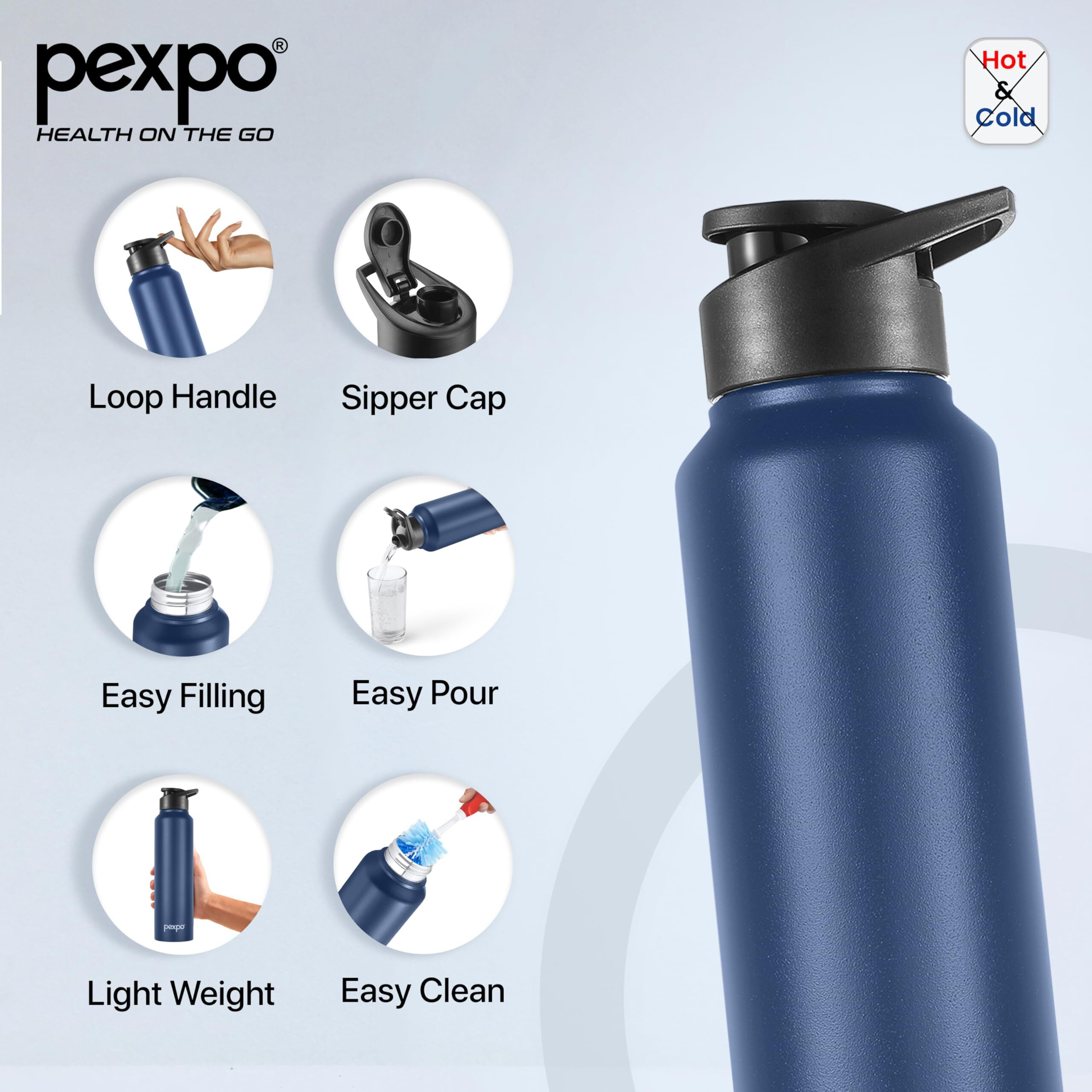 Pexpo Chromo Pro Stainless Steel Sports/Fridge Sipper Water Bottle 750Ml, Denim Blue | Eco Friendly | Water Bottle For Office, Gym, School, Yoga, Trekking, Men, Women And Kids | Rcb Edition