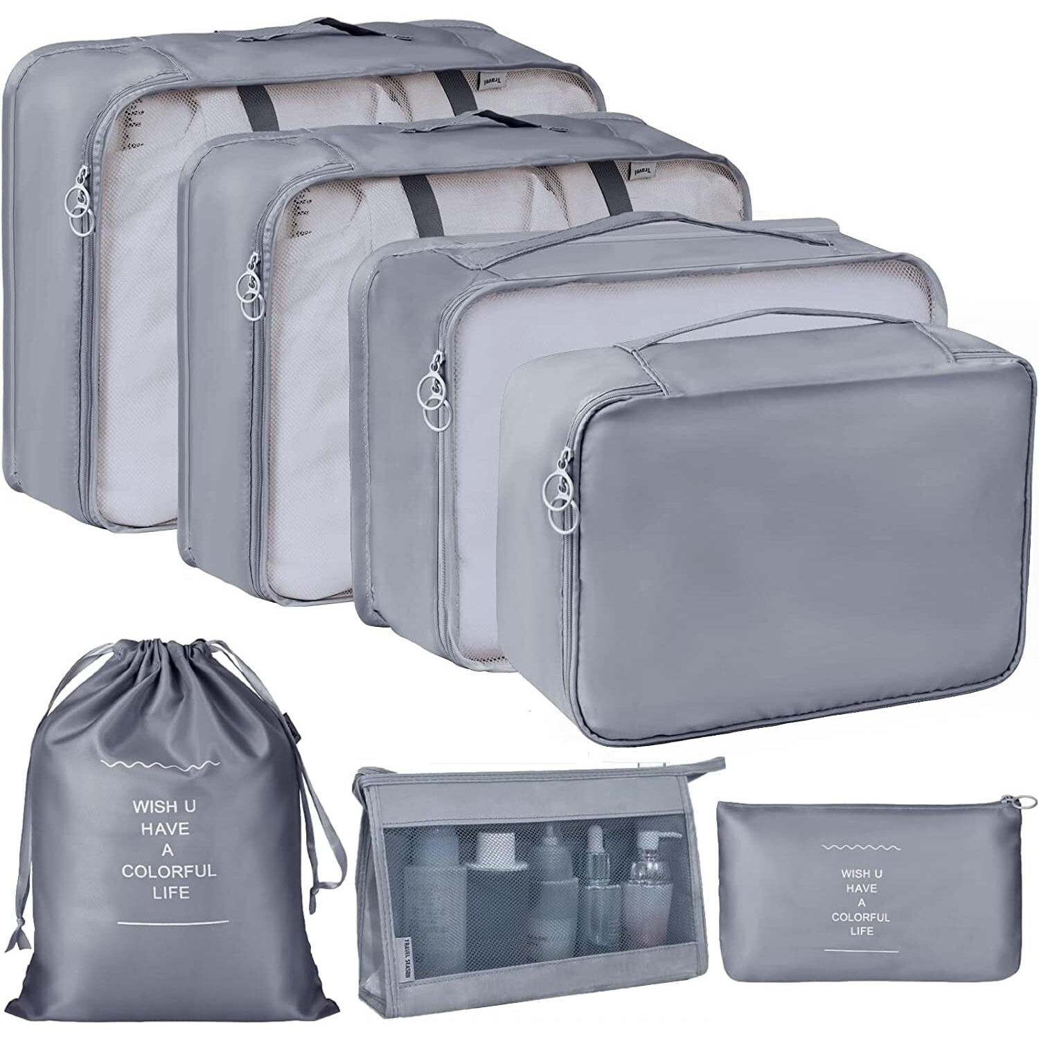 Petrice 7 Pcs Travel Organizer Pouch Packing Cubes For Clothes Space Savers Bags Cosmetics/Underwear/Socks/Shoes Toiletry Organiser Pouch (Grey, Fabric)