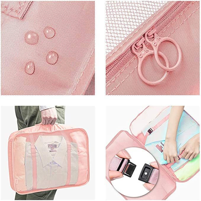Petrice Fabric 7 Pcs Travel Organizer Pouch Packing Cubes For Clothes Space Savers Bags Cosmetics/Underwear/Socks/Shoes Toiletry Organiser Pouch (Pink)