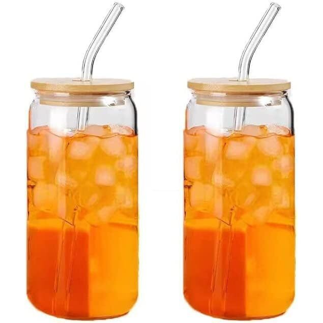 Kikiluxxa Can Glass Sipper Coffee Mug With Lid Set Of 2Pc For Cold Drink Mojito Soda Smoothies Whiskey Icedcoffee Cocktail Ice Tea Juice Milk Green Tea Beer Glasses For Bar Parties Home -540Ml