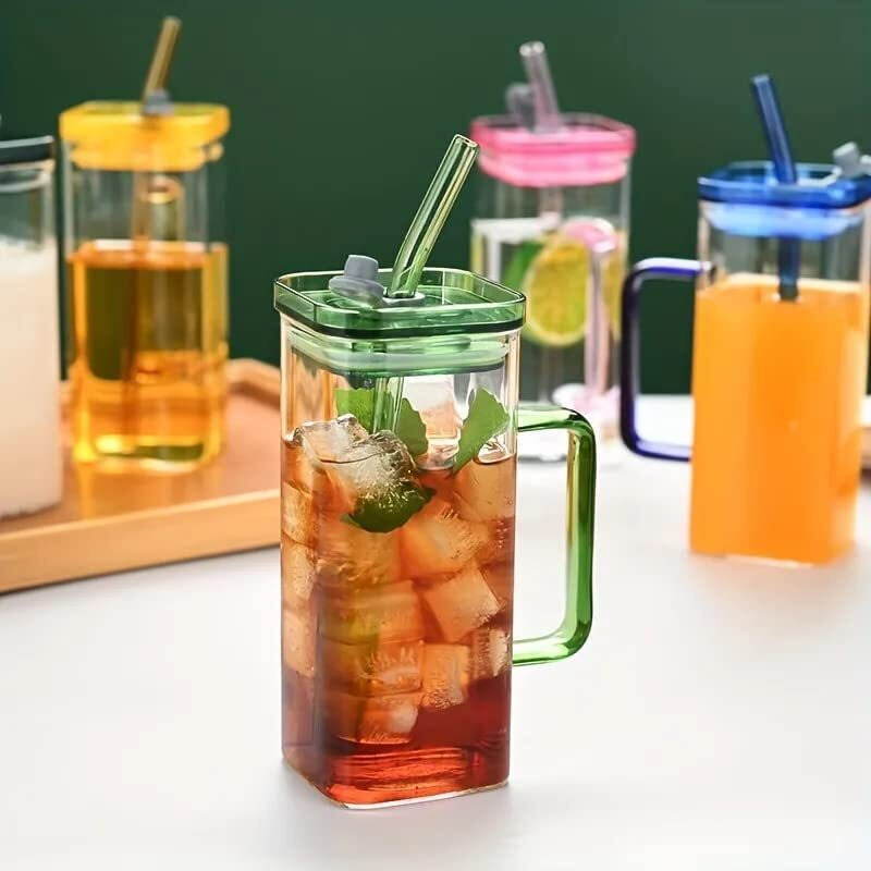 Kikiluxxa Borosilicate Glass Cold Coffee Tumbler With Lid And Straw Pack Of 2-400Ml - Green Tea Cup With Straw (Tokyo Tumbler 2)