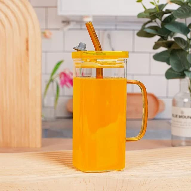 Kikiluxxa Borosilicate Glass Cold Coffee Tumbler With Lid And Straw Pack Of 2-400Ml - Green Tea Cup With Straw (Tokyo Tumbler 2)