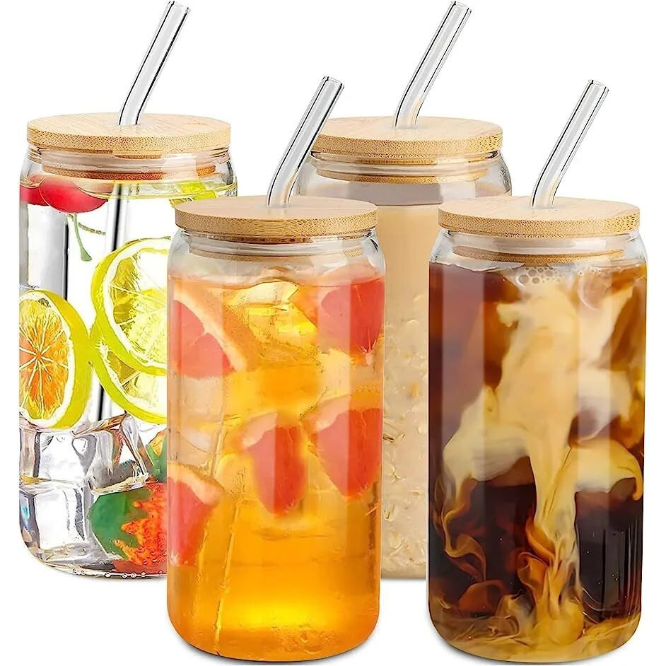 Kikiluxxa Wooden Lid Mojito Coffee Glass Can Mug With Straw Pack Of 4-540Ml (Florida Can 4)