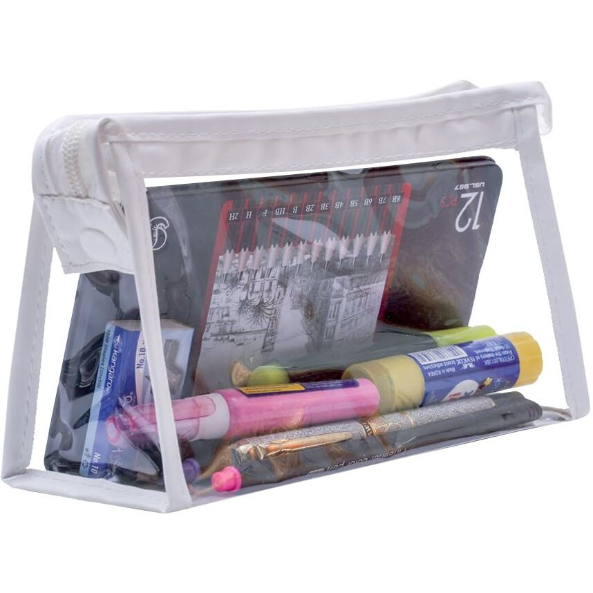 Inovera (Label) Pvc Transparent Pen Pencil Case Clear Marker Pouch, Multi-Purpose Stationary Organizer For School College Students Gift For Adults Teen (White)