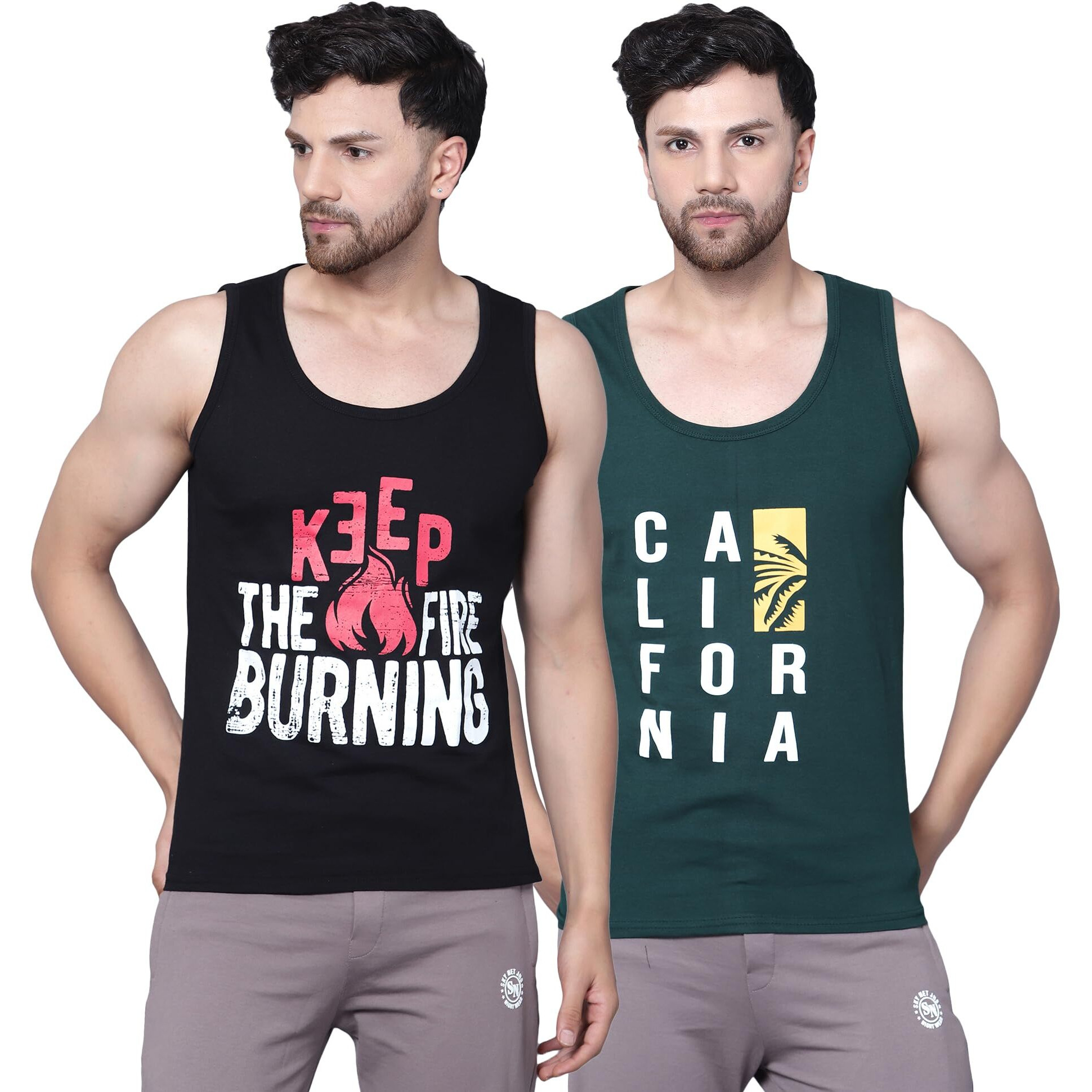 Designer Men Vest Versatile Cotton Sando/Baniyan/Ganji For Boys - Perfect For Gym Workouts, Vacations, And Beaches (In, Alpha, Xl, Regular, Black, California Bottle Green)