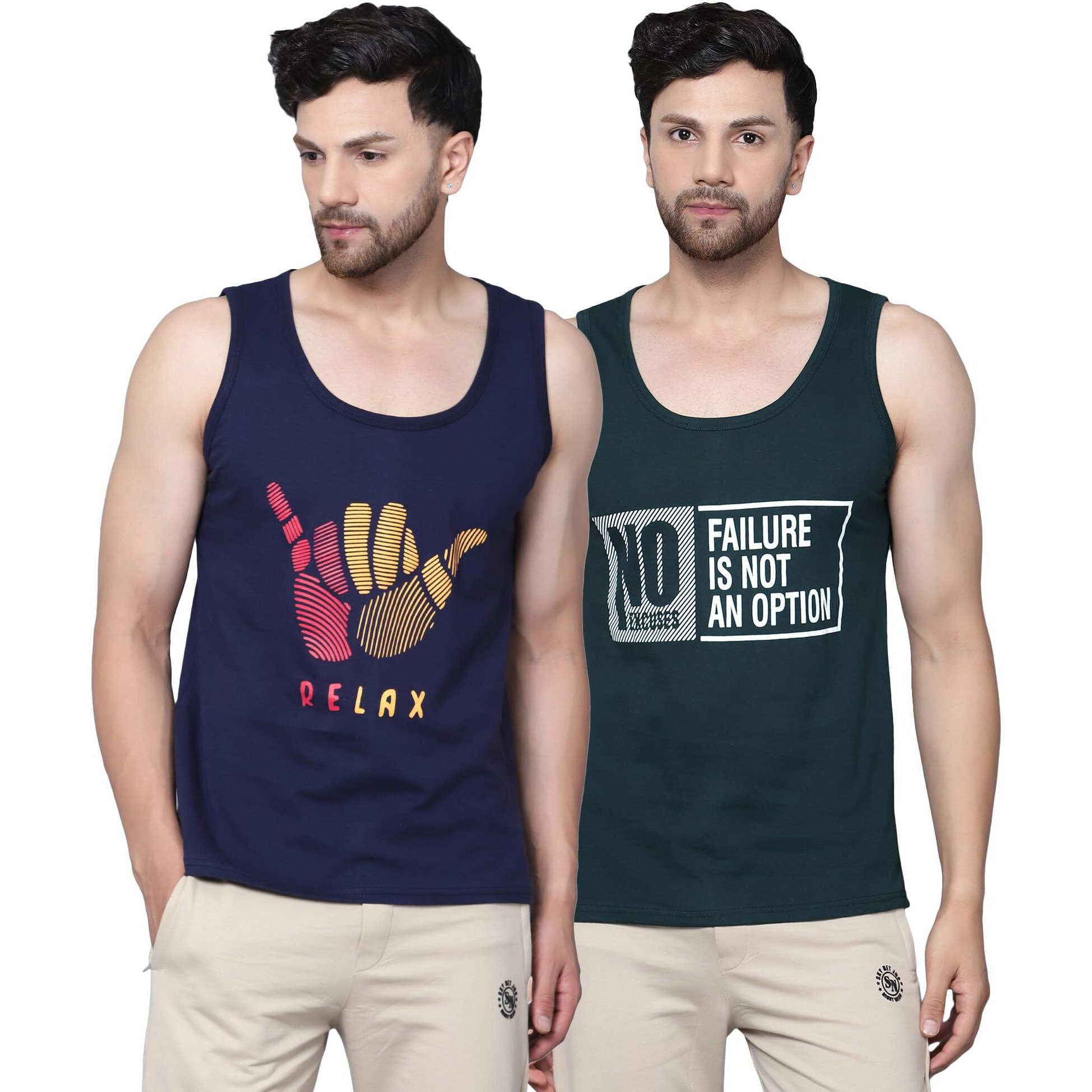 Designer Men Vest Versatile Cotton Sando/Baniyan/Ganji For Boys - Perfect For Gym Workouts, Vacations, And Beaches (In, Alpha, 2Xl, Regular, Bottle Green, Navy Blue Relax)