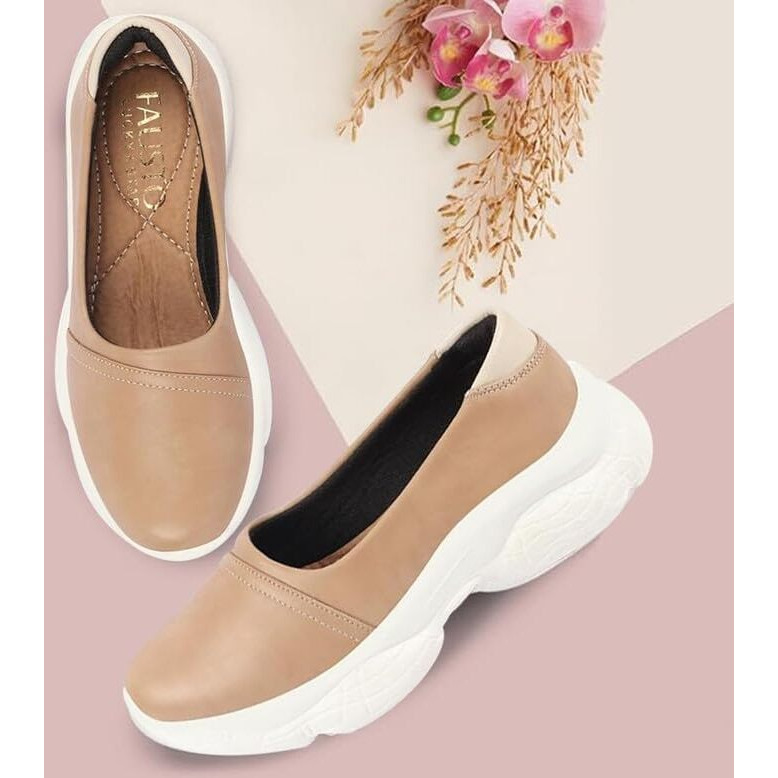 Fausto Women's Outdoor Fashion Stitched Slip On Shoes (Beige, 3)