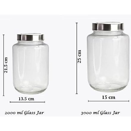 Vency Glass Jar 3000 Ml | Round Jars For Kitchen | Transparent Containers For Kitchen Pantry, Flour, Cereal, Masala, Dry Fruits | See Through Cap | Set Of 2