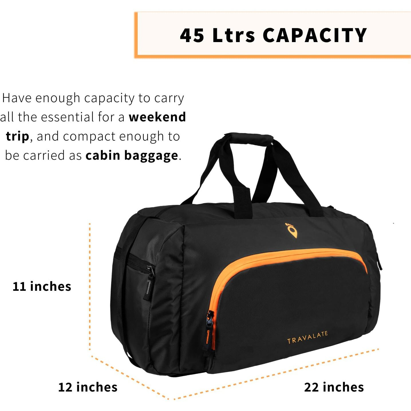 Travalate Travel Duffle Luggage Bag Organizer | Multi Pocket Ultra-Light| Polyester 45 Litre | Men And Women | 22 X 12 X 11 Inch (Black)