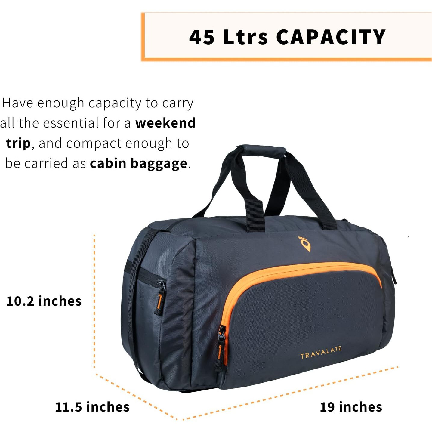 Travalate Travel Duffle Luggage Bag Organizer | Multi Pocket Ultra-Light| Polyester 45 Litre | Men And Women | 22 X 12 X 11 Inch (Grey)