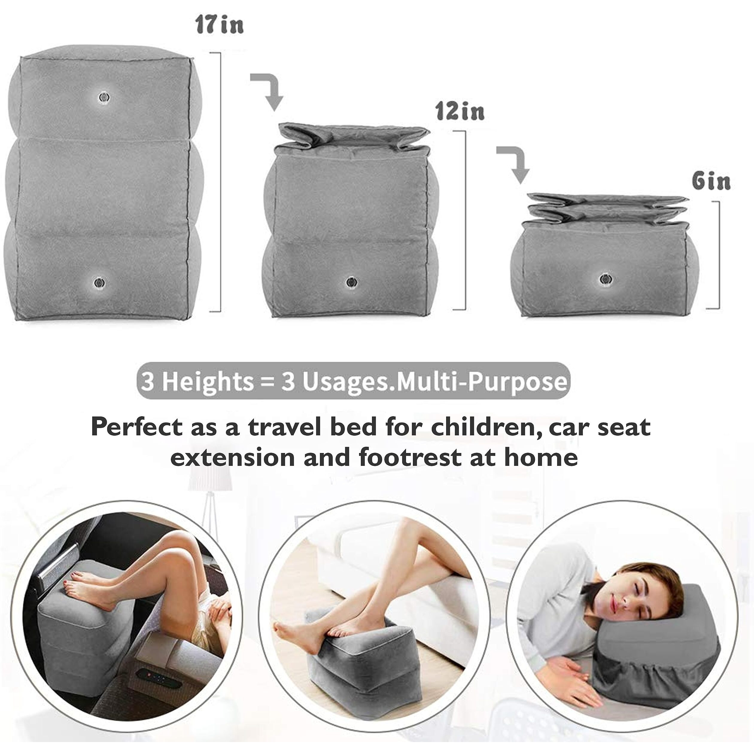 About Space Travel Foot Rest Pillow - Inflatable Foot Rest With Hand Pump & Drawstring Bag For Flight & Car - Portable & Height Adjustable Leg Rest Pillow For Kids, Adults L 40 X B 25 X H 46 Cm - Grey